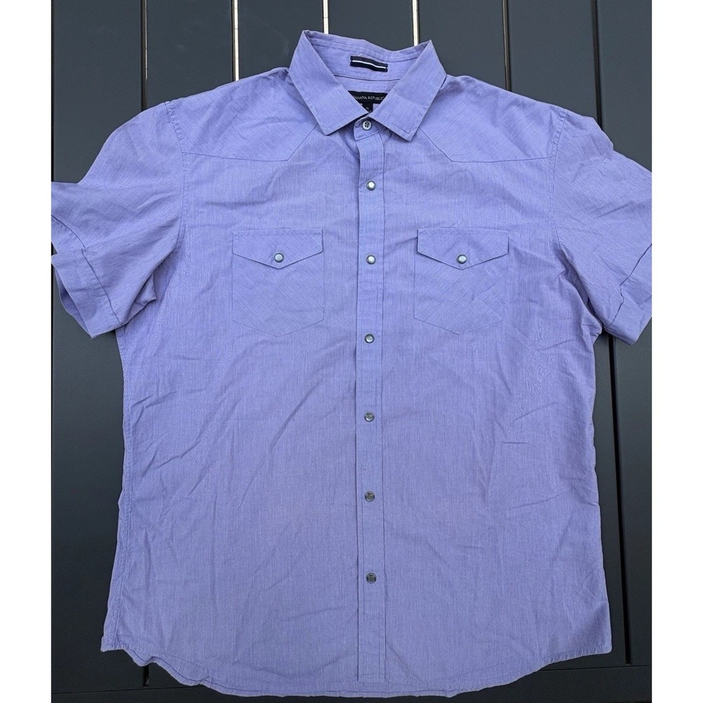 Banana Republic Mens XL Pearl Snap Shirt Purple Striped Short Sleeve Western